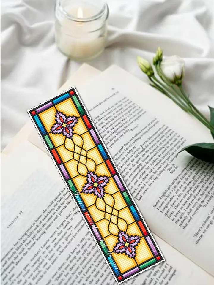 Stained glass bookmark cross stitch pattern PDF download Stained glass flower cross stitch chart, Modern bookmark pattern digital PDF #B298