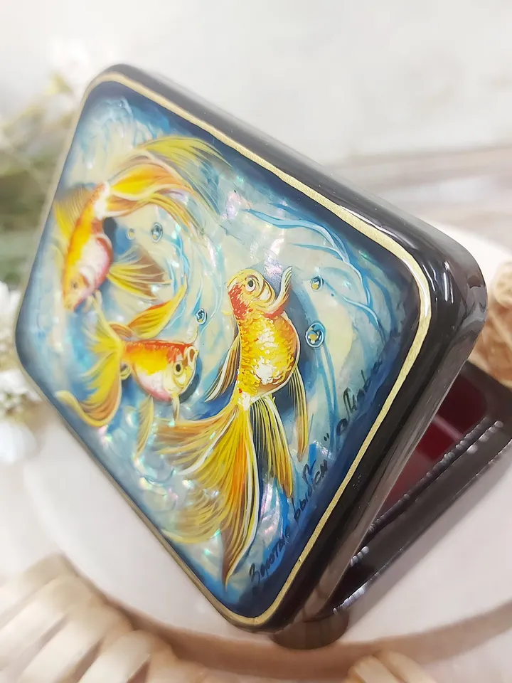 Beautiful Russian Lacquer Box "Fishes",Fedoskino miniature Hand painted ,box for jewelry Mother of pearl, Art gift
