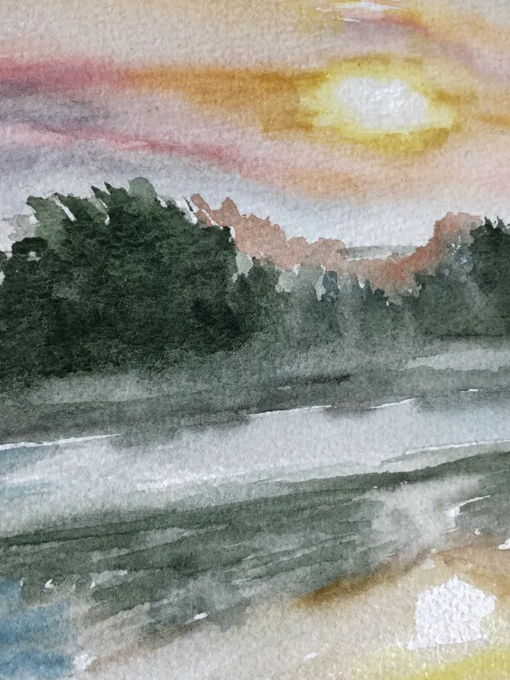Sunset over the river landscape original watercolour painting wall art hand painted