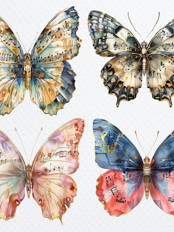 12 PNG Butterfly Music Notes Clipart Bundle, Butterfly Wall Print, Printable Watercolor Butterfly for sublimation, Paper craft, junk journal