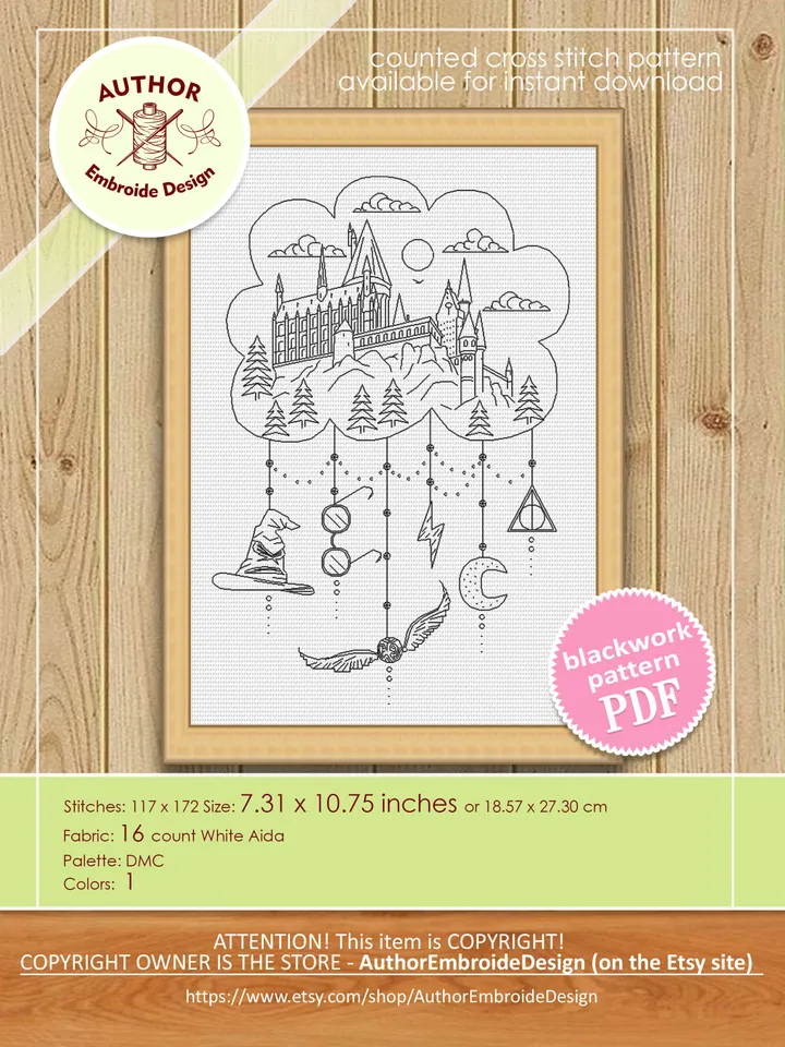 Magic castle blackwork patterns PDF Wizard school cross stitch chart, Dreamcatcher hand embroidery PDF download, Fandom cross stitch #W15