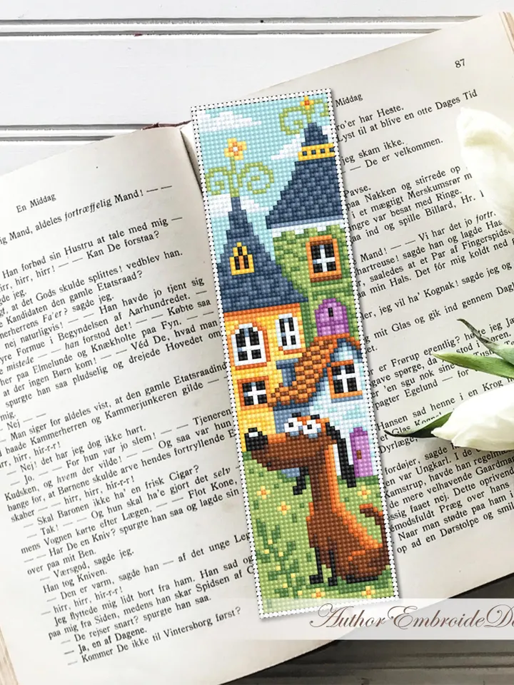 Dog bookmark cross stitch pattern PDF download Pet cross stitch chart, Simple bookmark pattern digital PDF, Fairy houses cross stitch #B467