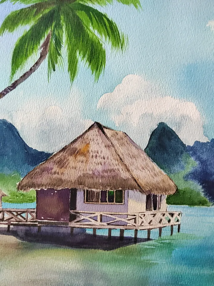 Original Watercolor Painting Tropical Landscape Art Beach and Bungalows Artwork Sea with Mountains Picture Aquarelle Tropical Beach