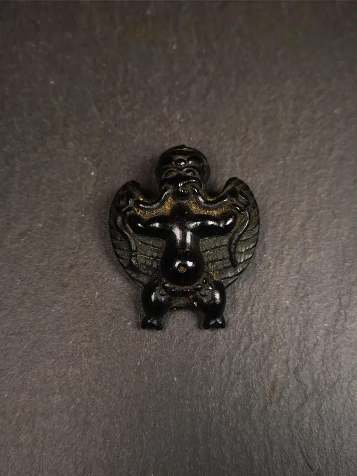 Gandhanra Hand Carved Obsidian Tibetan Amulet Garuda,Garula,Suparna,Golden-wings Bird Pendant, 1.65&quot;