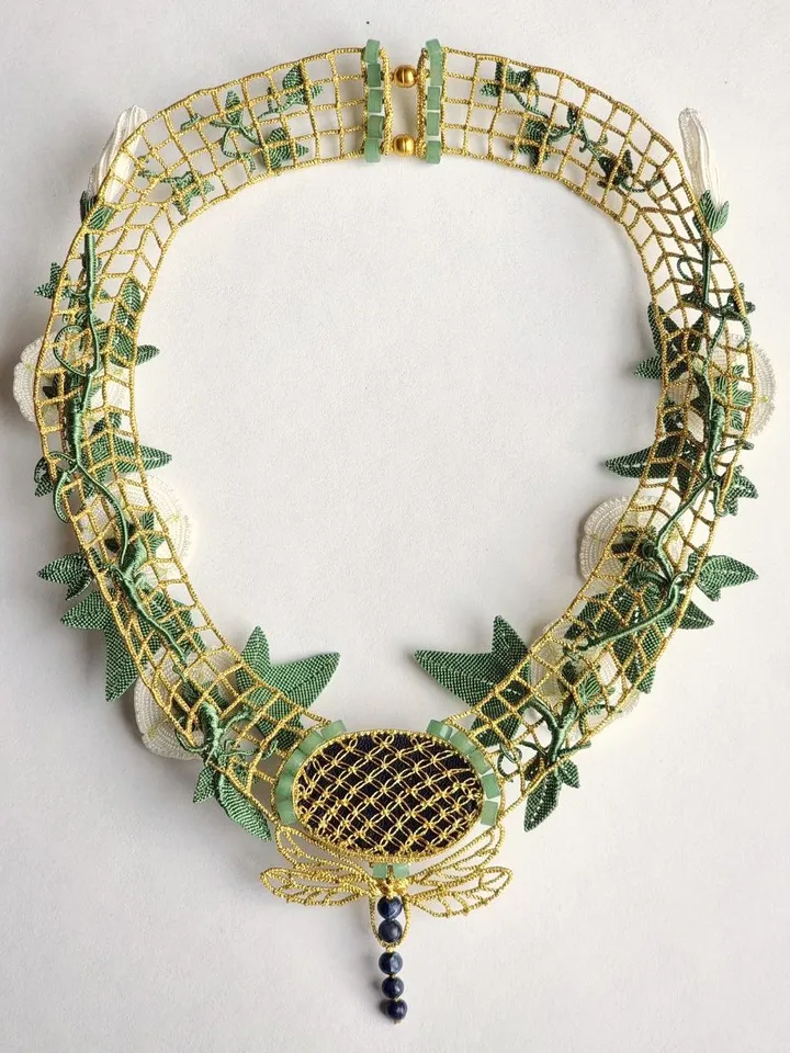 Art Nouveau Necklace with Flowers, Sodalite, and Dragonfly