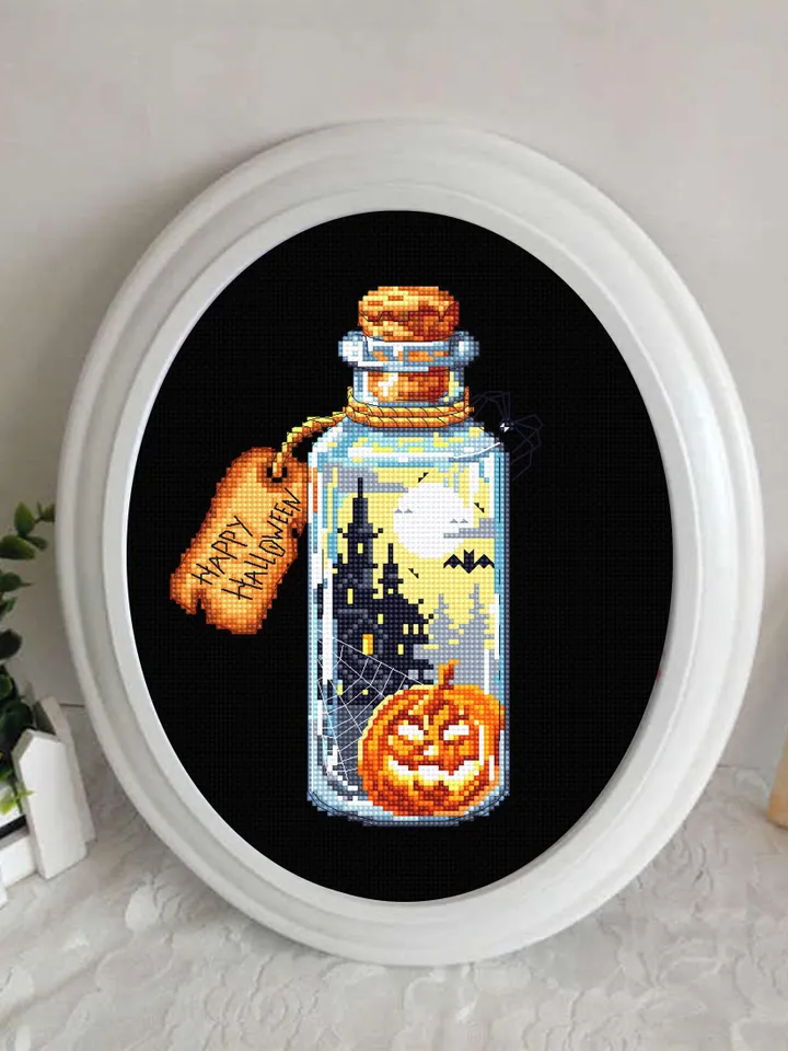 Halloween bottle cross stitch pattern download PDF Horror pumpkin xstitch chart Happy Halloween embroidery Spooky castle digital pdf #H29