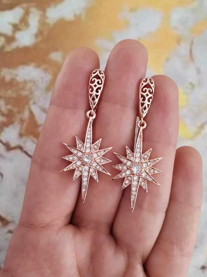 Star shaped Wedding Earrings, Rose Gold Bridal Necklace, Rose Gold Wedding Jewelry Set, Celestial Wedding Earrings , Boho Bridal Earrings