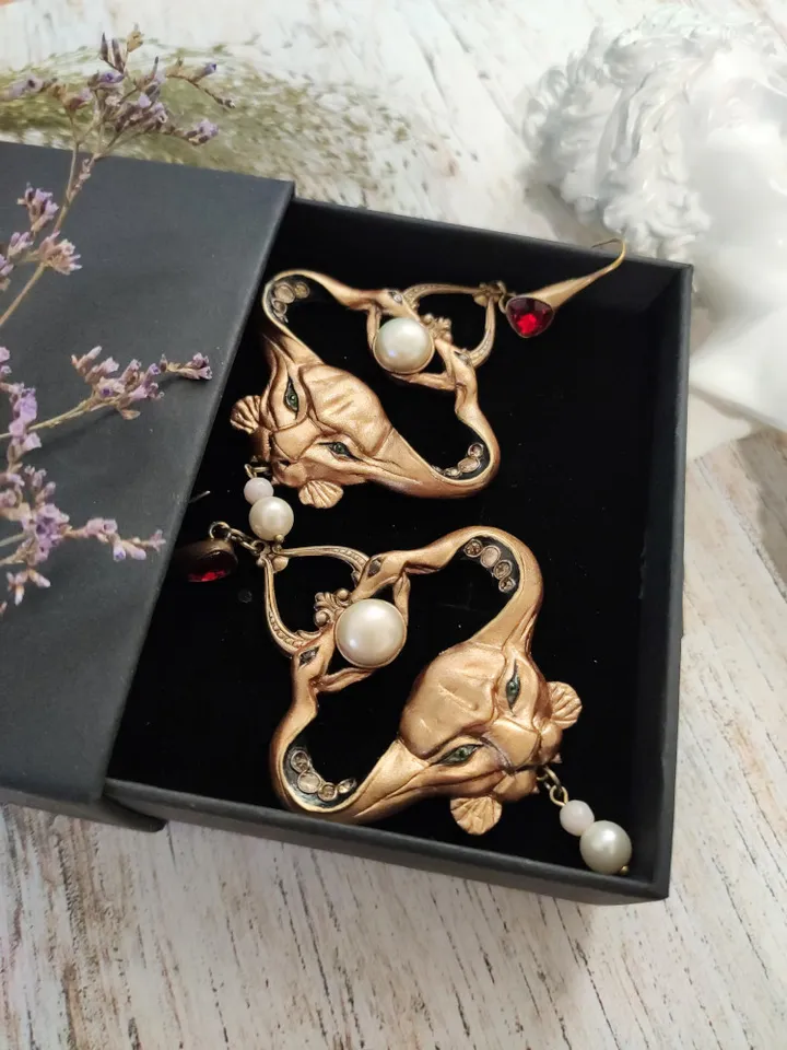 Custom Art Nouveau Symbolist earrings crowned with two snakes