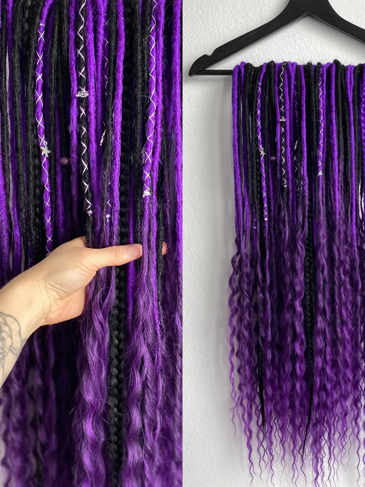 Black And Purple Synthetic Double Ended Dreadlocks With Curly Ends black-and-purple-synthetic-double-ended-dreadlocks-with-curly-ends