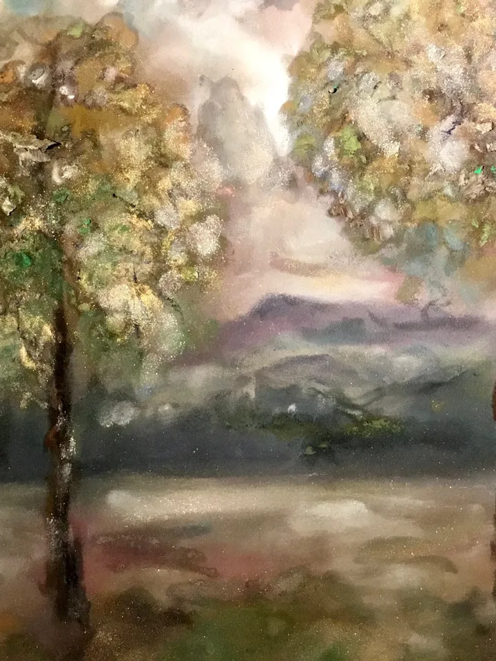 Golden trees original mix media pastel painting, pan pastel,soft pastel and oil pastel painting on pastelmat,3 trees wall art.