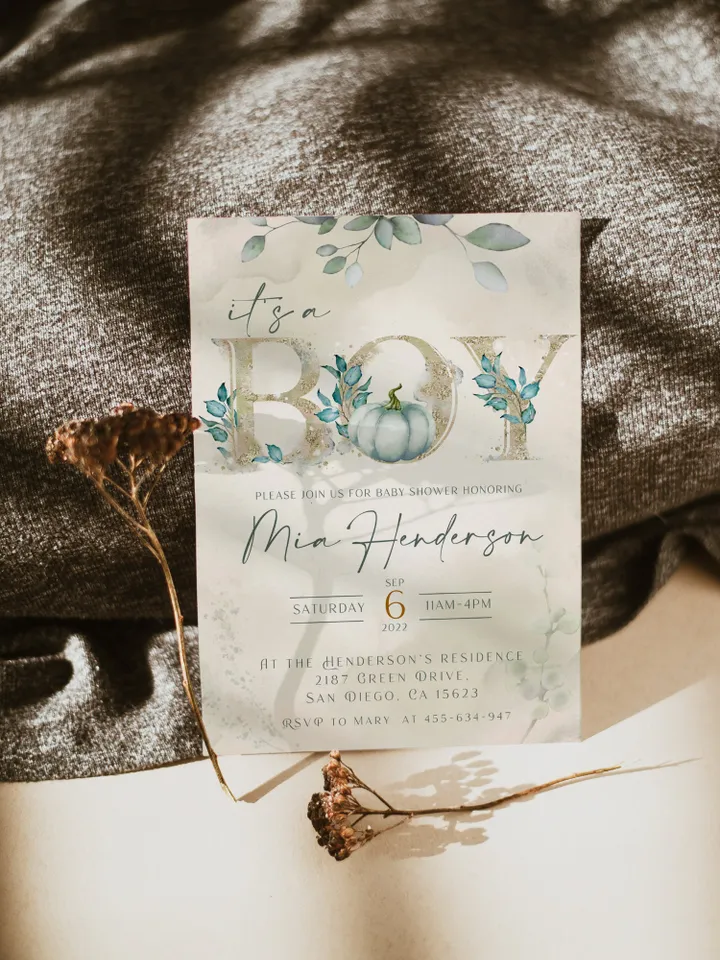 Baby BOY Pumpkin Invitation; Pumpkin Baby Shower Invite; It's a Boy Autumn baby shower; Little Pumpkin on the way; Green Gold baby shower