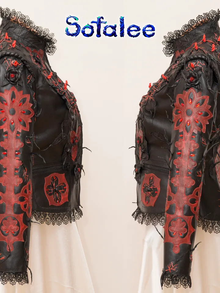 Women's Genuine leather jacket gothic aristocratic style red black color, leather clothes by Sofalee
