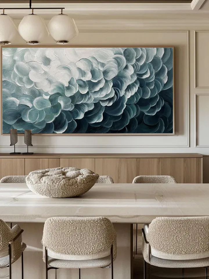 Original Blue and White Waves Oil Painting on Canvas Abstract Textured Wall Decor for Modern, Large Wall Art Living room Wall Art Home Decor
