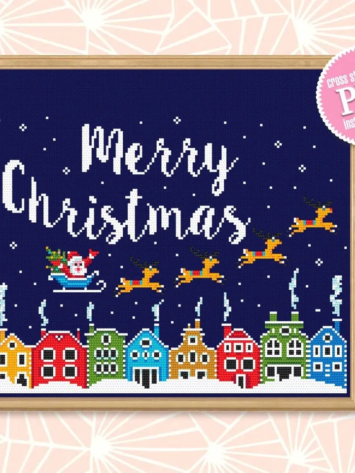 Merry Christmas cross stitch pattern PDF download Winter town cross stitch chart, Christmas pattern digital PDF, Christmas houses #N49