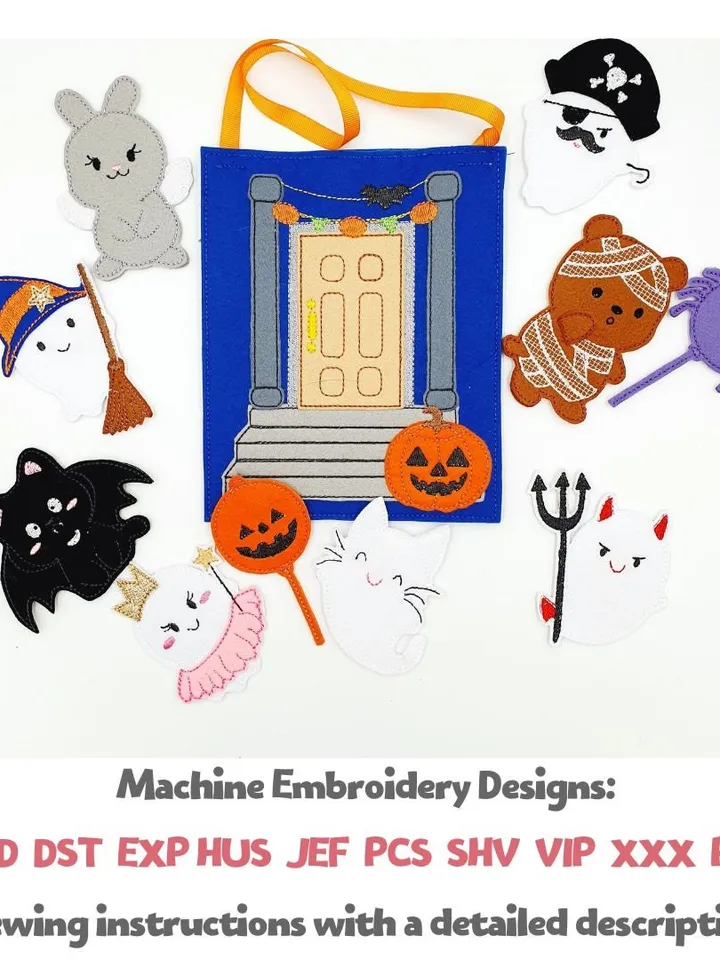Halloween Haunted House Handbag & Finger Puppet Theater ITH Embroidery Design Set, Ghost Puppets, Felt Treat Bag Pattern