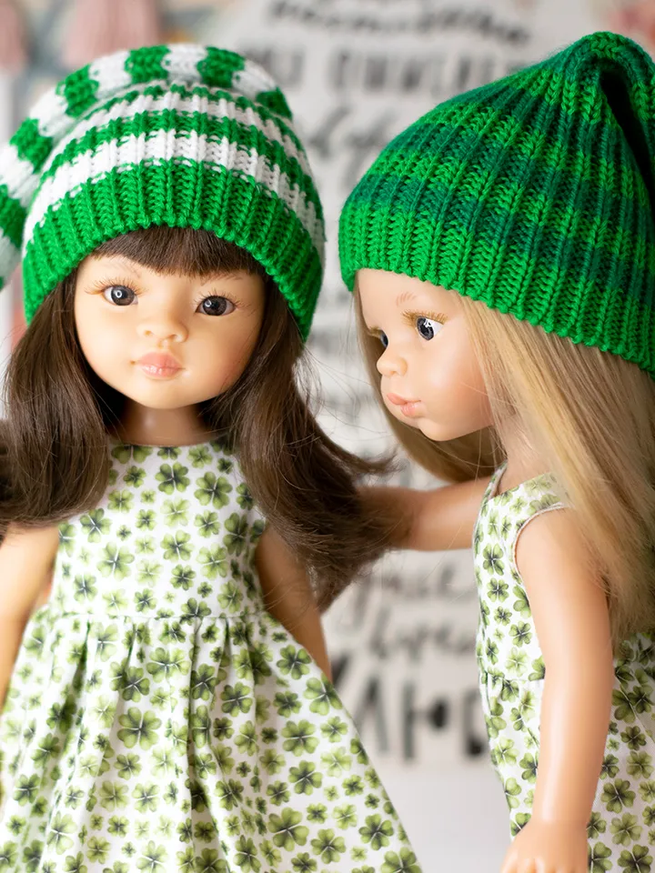 Striped green elf hat for Paola Reina doll, Meadowdolls Dumplings, Little Darling, Siblies RRFF for St Patrick's Day