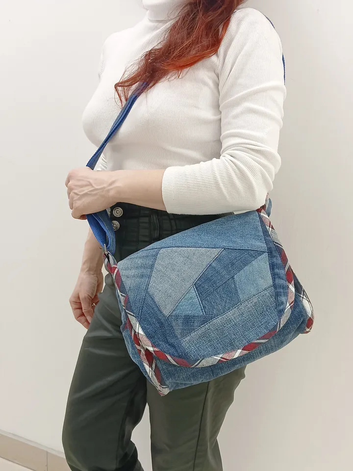 Shoulder denim handbag . Handmade bag, recycled jeans bag, crossbody bag with a crazy pechwork flap