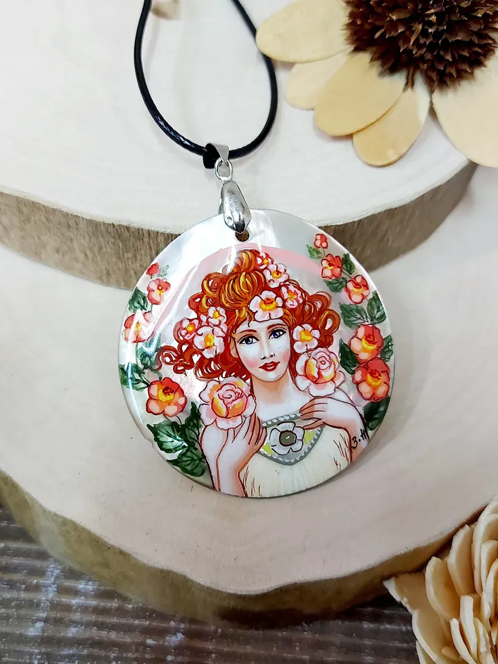 Pearl pendant necklace: Rose by Alphonse Mucha on aesthetic pendant. Handmade Floral jewelry with abalone mother-of-pearl. Gift for mother