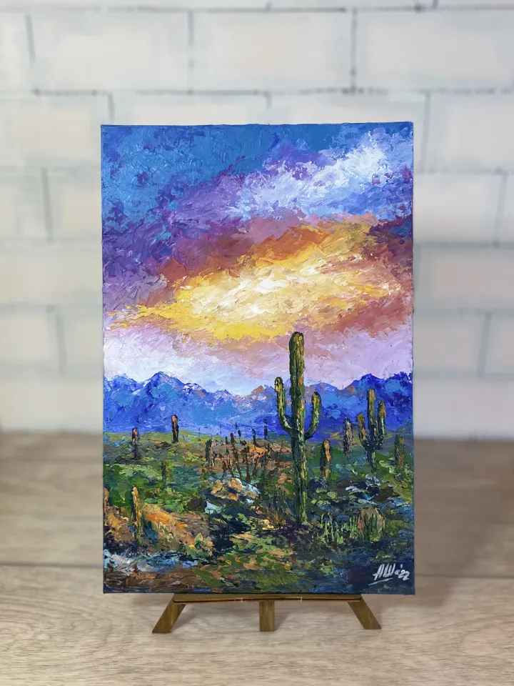 Desert landscape Acrylic painting Sunset sky art Arizona painting Saguaro cactus art Impasto painting