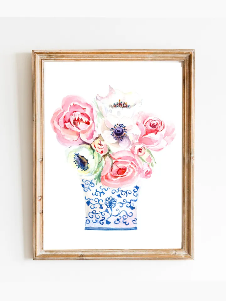 Chinoiserie Vase Flower Ginger Jar Print Watercolor Painting Blue And White Asian Flower Chinese Art Flower Painting Floral Art Print