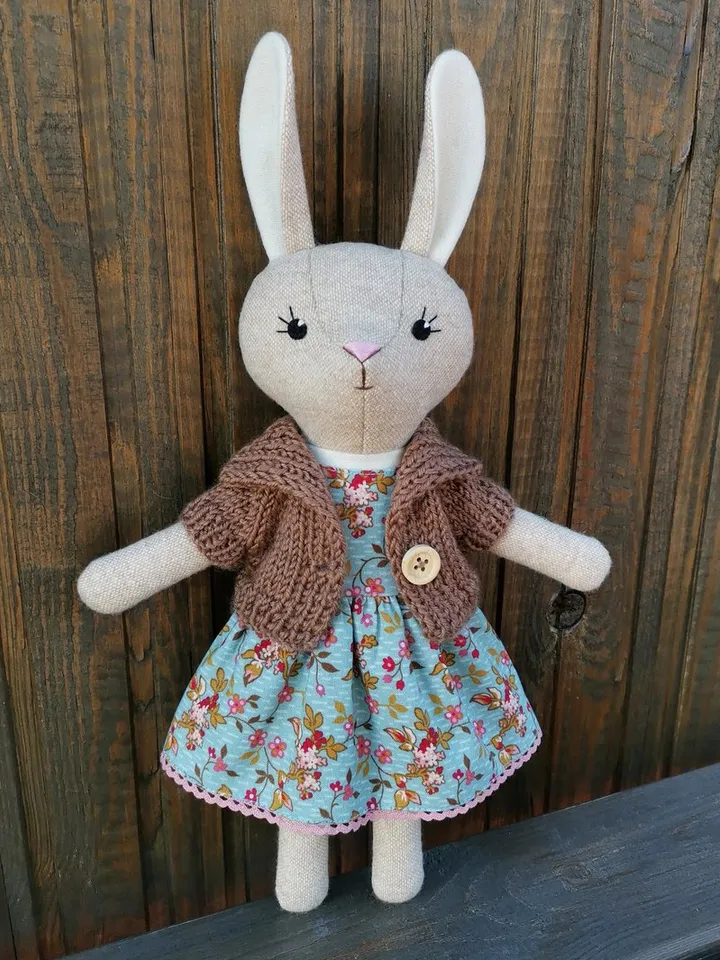Beige bunny girl, handmade stuffed doll, fabric plush rabbit toy, wool animal doll