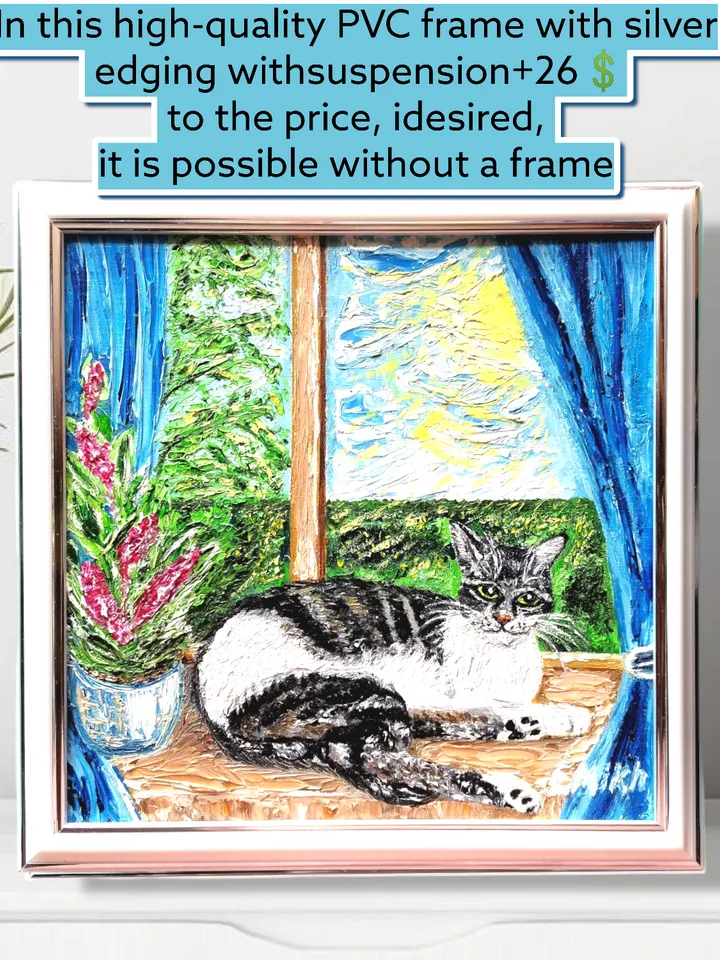 Textured oil painting "Cat", impasto 3d, 20x20 cm (7,87х7,87 inches)