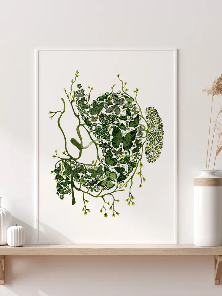 Watercolor poster "BUTTERFLIES IN STOMACH", green stomach illustration DIGITAL PRINT, Valentine's Day