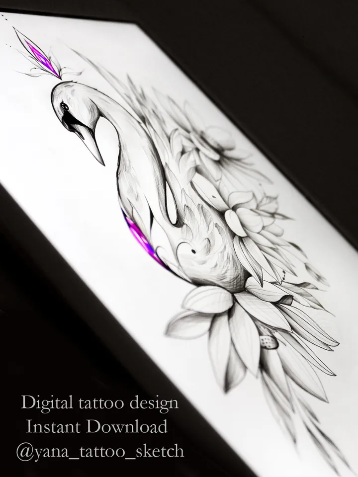 Swan Tattoo Design With Flowers Swan Tattoo Idea Stencil Sketch, Instant download PDF, JPG