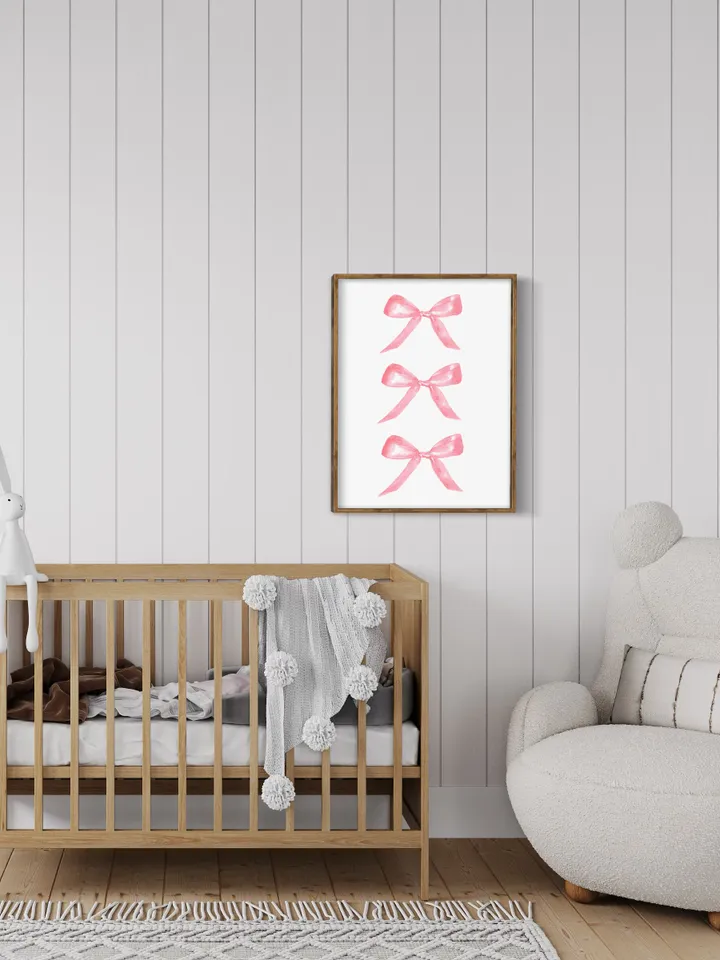 Pink Bow Painting Art Print, Watercolor Bow, Pink and White, Newborn Girl, Pink Chinoiserie Wall Art Print