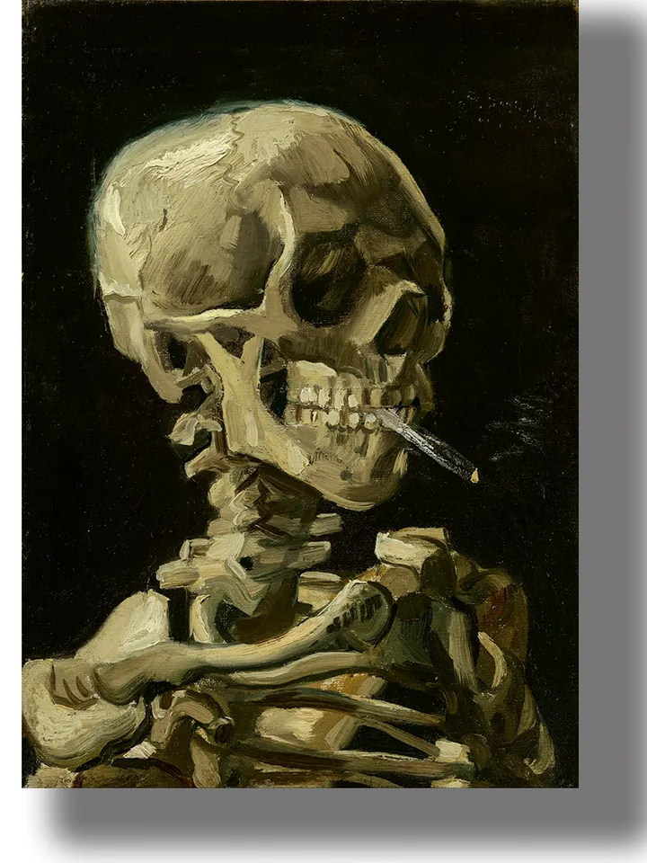 Vincent van Gogh painting. Head of a skeleton with a burning cigarette.
