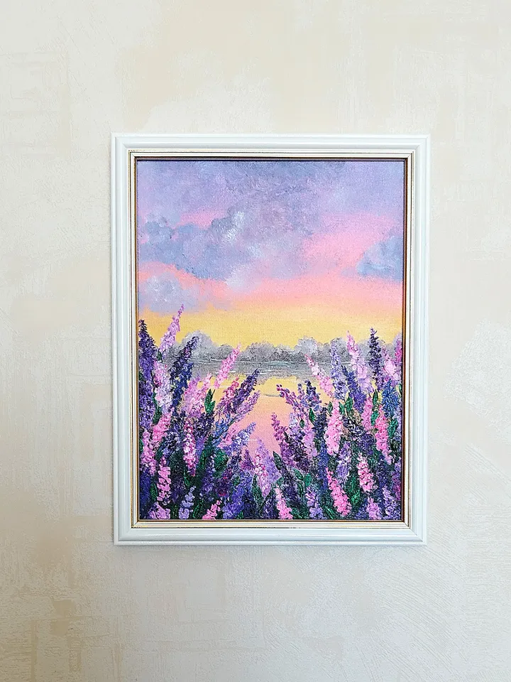 Sunset acrylic painting. Landscape art impasto wall decor