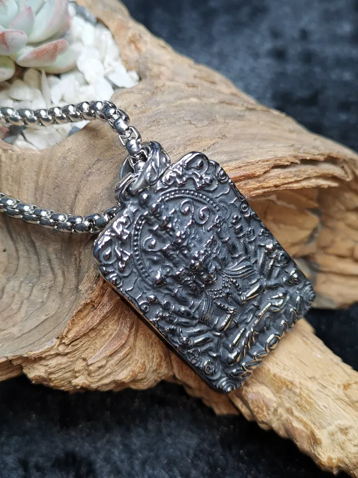 Gandhanra Handmade Titanium Steel Amulet Tag Necklace,Chenrezig,Padmapani,Avalokitesvara, Tibetan Buddhist Jewelry,Protection Necklace