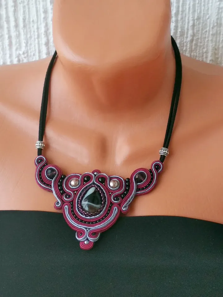 Burgundy necklace with Agate stone, Soutache Embroidered statement necklace