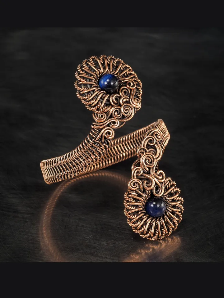 Natural falcon eye cuff bracelet for woman, Copper wire wrapped flower bangle