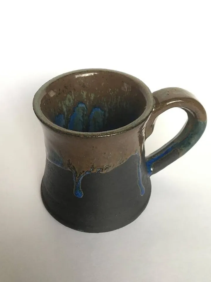 Brown, blue and black glazed stoneware mug
