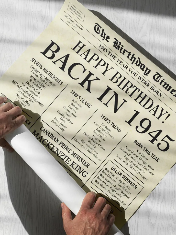 80th Birthday Newspaper Poster Canada, Born in 1945, Back in 1945 Canadian Edition, 80 Years Ago Printable Birthday Gift Sign