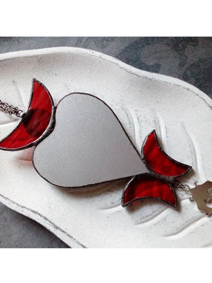 Stained glass scrying mirror necklace, Black goth ornate mirror, Bat mirror, Car hanger, Witch mirror, Heart mirror