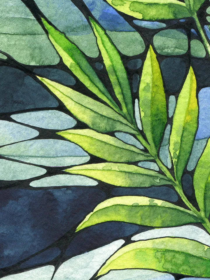 Watercolor poster with abstract leaves , Watercolor digital file JPEG, Printable, Blue-green painting, Art print, Graphics