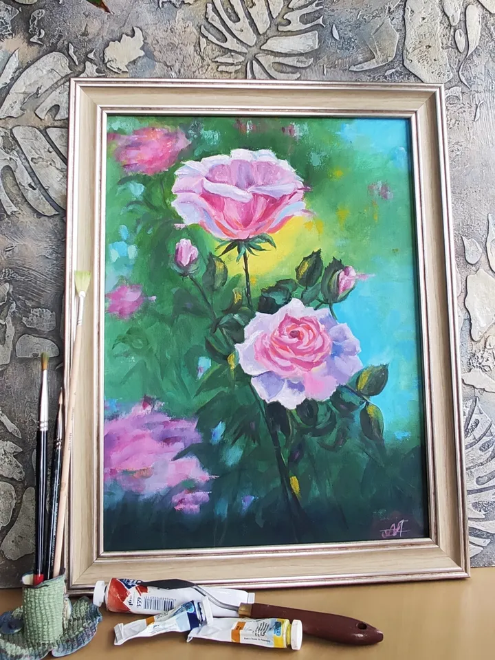 Roses in the garden oil on canvas pink flowers 30*40 cm