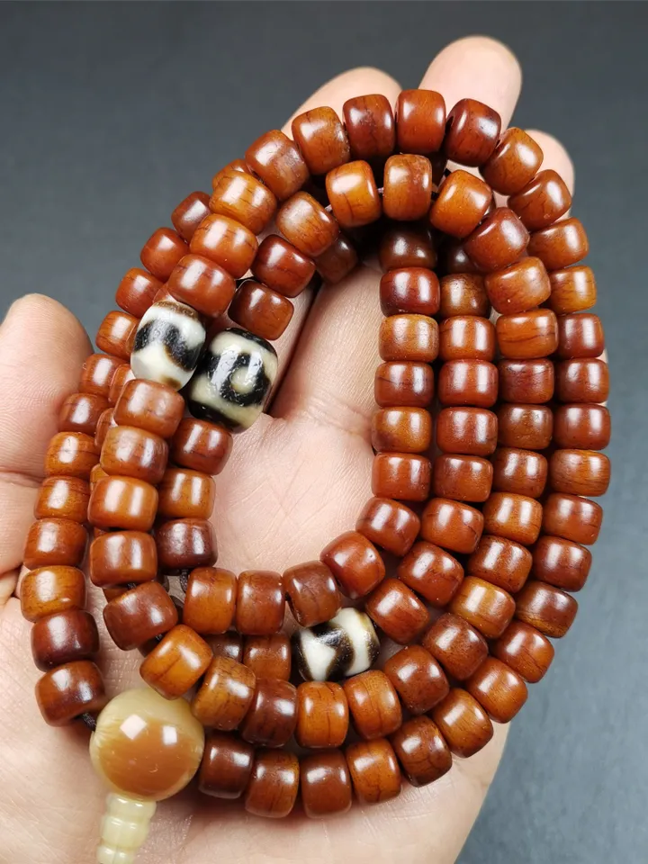 Gandhanra Handmade Tibetan Yak Bone Mala,108 Bone + Dzi Beads,Prayer Bead for Meditation,Tibetan Rosary,Diameter 10mm, Length 84cm