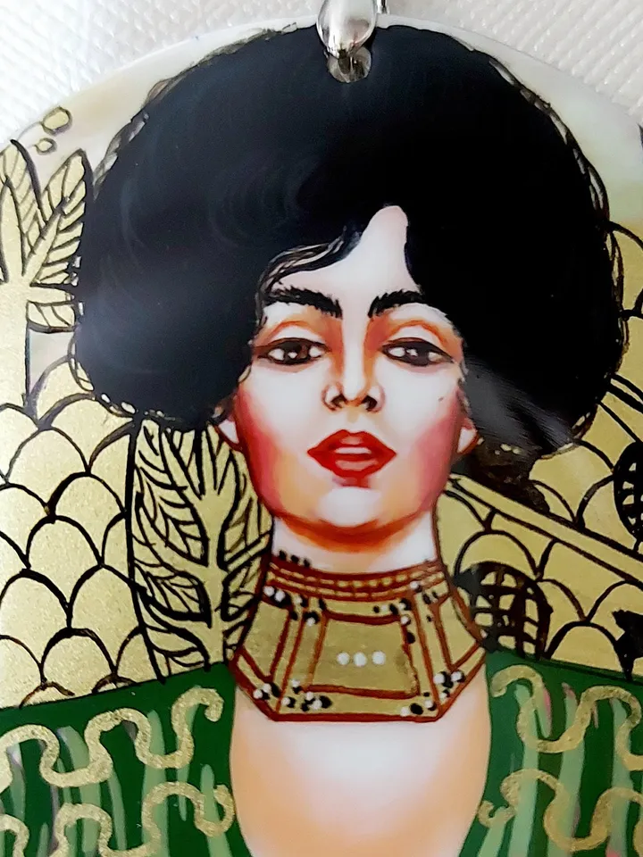 Pearl pendant necklace: Judith by Gustav Klimt on handmade necklace. Painted lacquer shell jewelry. Dainty gift for aesthetic women of power