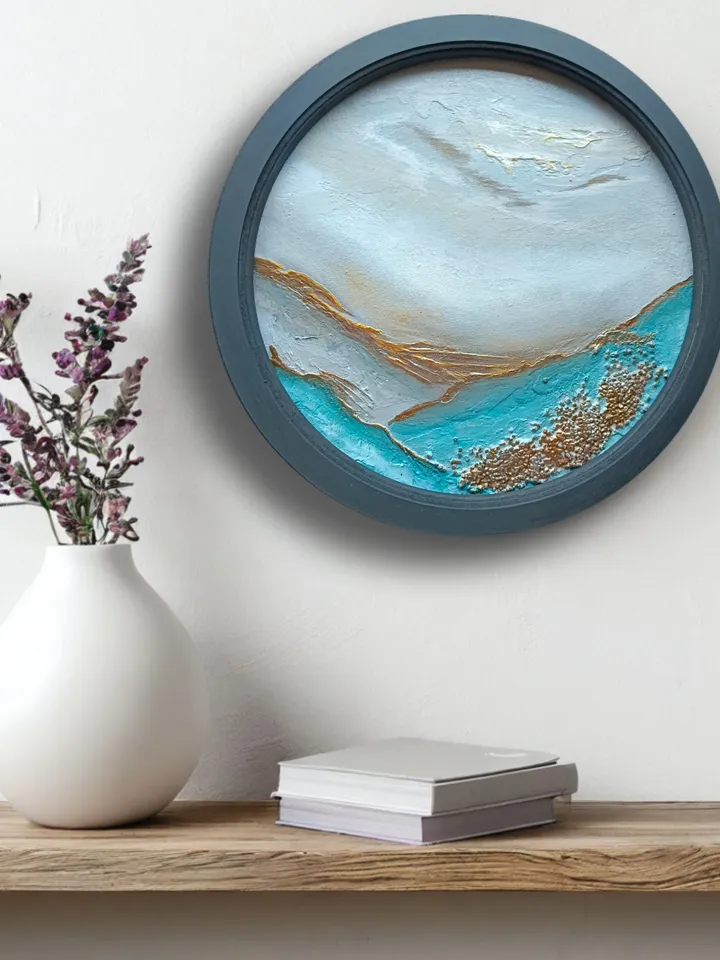 Round painting, Wall decor, round landscape, blue painting