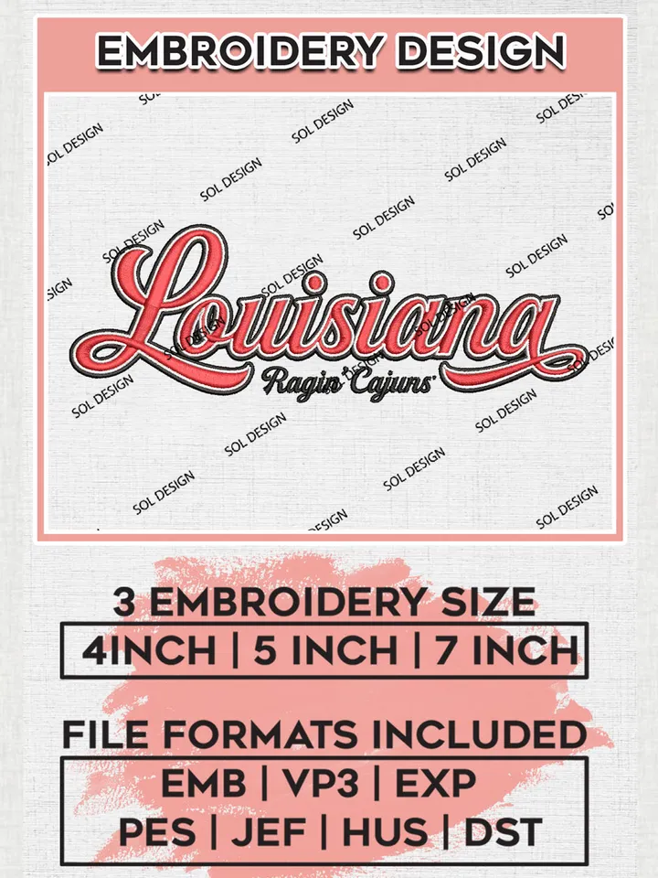 Louisiana Ragin Cajuns Team Word Logo Embroidery Design Files, NCAA Louisiana Ragin Cajuns Machine Embroidery, NCAA Teams, Game Day, 3 sizes, NCAA Machine embroidery designs, Digital Download