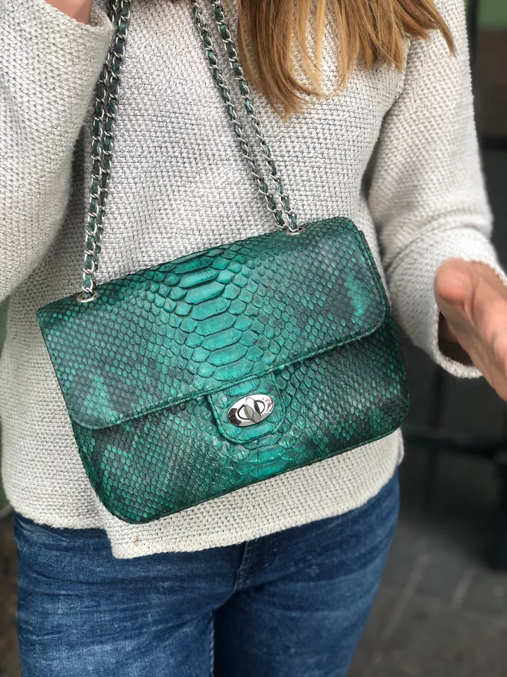 Genuine Python Skin Green Color Shiny Chain Bag | Shoulder Bag | Crossbody Bag | Green Leather Bag | Woman Classy Bag | Python Skin Bags