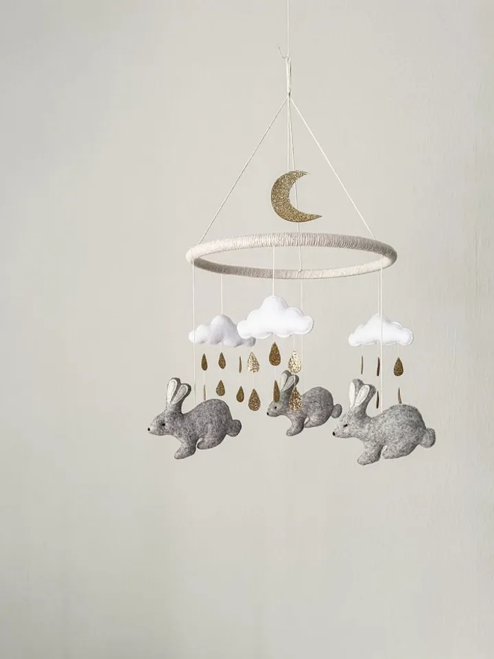 Bunny and Gold moon baby mobile, neutral nursery decor