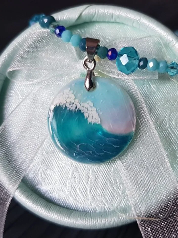 Wave necklace, surfer jewelry, sea wave miniature painting on pearl pendant