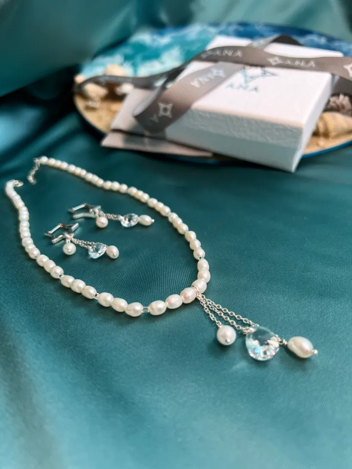 Pearl Silver 925 Jewelry Set Necklace Earrings PEARL TEARS