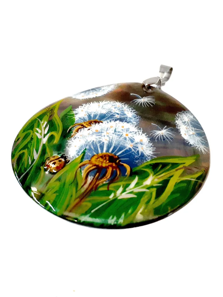 Whispering Dandelions: Hand-Painted Pearl Pendant in Green Grass - Nature's Delicate Charm, Symbol of Hope and Transformation