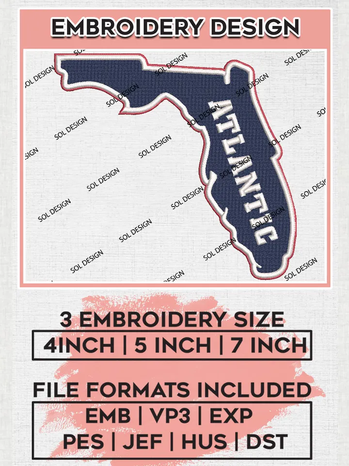 NCAA Florida Atlantic Owls Team Map Logo Embroidery Design Files, NCAA Florida Atlantic Owls Machine Embroidery, NCAA Teams, 3 sizes, NCAA Machine embroidery designs, Digital Download
