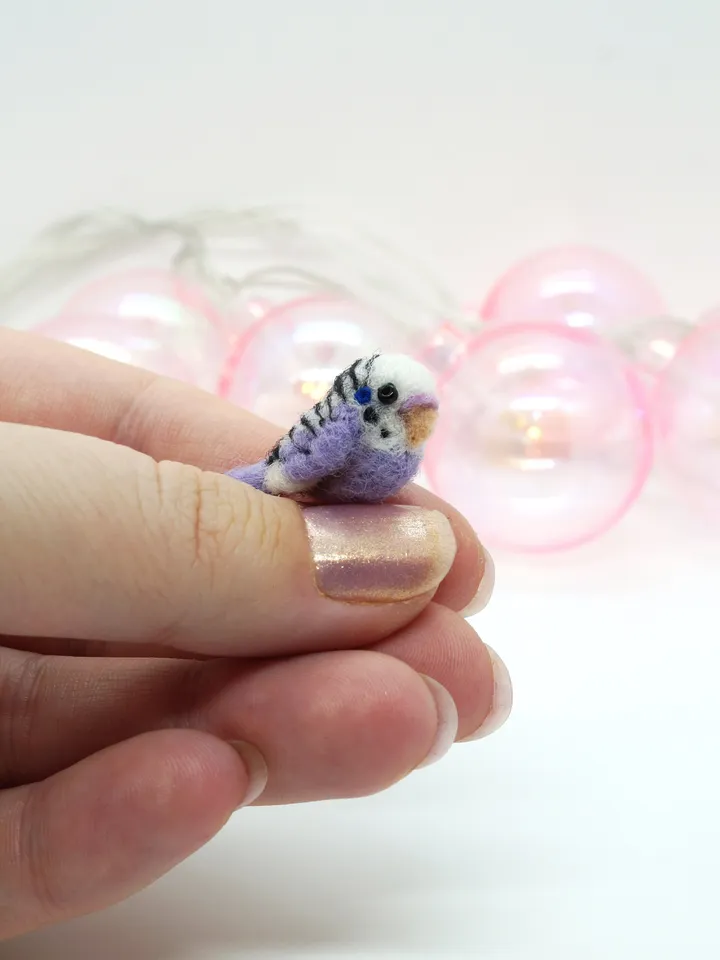 Miniature needle felted lilac budgie, tiny parakeet, made to order